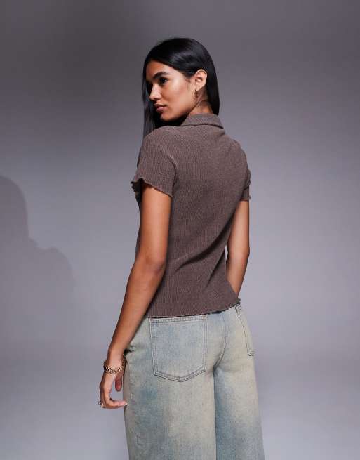 ASOS DESIGN – Kurzärmeliges Hemd in Braun mit Knopfleiste und Strukturmuster, 4 von 4