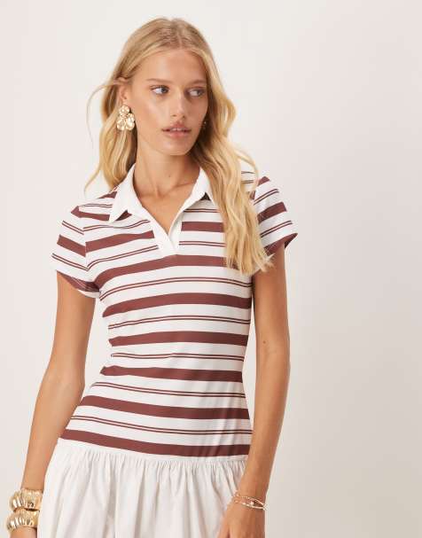 ASOS DESIGN – Kurzärmeliges Polo-Minikleid in Burgunderrot gestreift mit Popeline-Rock in Weiß - view 1