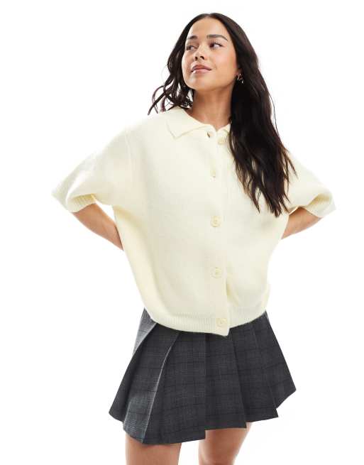 ASOS DESIGN – Kurzärmlige Hemdbluse aus kompaktem Strick in Buttermilchgelb