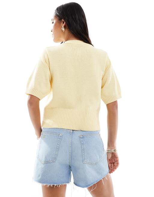 ASOS DESIGN – Kurzärmlige Strickjacke aus kompaktem Strick in Buttermilchgelb, 3 von 4