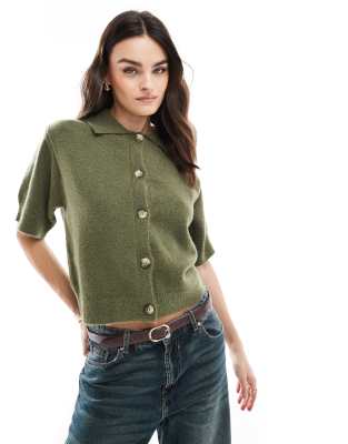 ASOS DESIGN - Kurzärmlige Strickjacke in Khaki-Grün