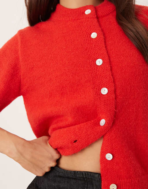 ASOS DESIGN – Kurzärmlige Strickjacke in Rot mit gerolltem Saum, 2 von 4