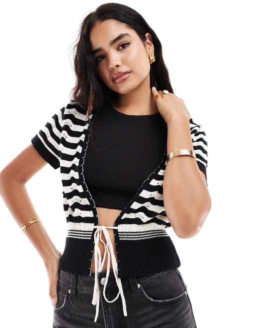 ASOS DESIGN – Kurzärmlige Strickjacke in Schwarz-Weiß mit Pointelle-Muster