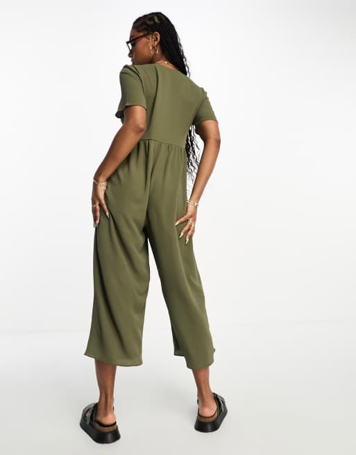 ASOS Design Kurzarmliger Freizeit Jumpsuit in Khaki ASOS