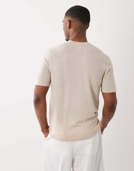 ASOS DESIGN – Kurzärmliger Strickpullover aus reiner Merinowolle in Beige mit Rundhalsausschnitt, 5 von 5