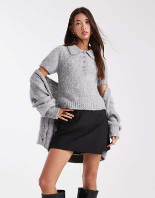 ASOS DESIGN - Kurzärmliges, angerautes Polohemd aus Strick in Hellgrau, Kombiteil