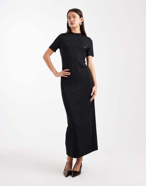 ASOS DESIGN – Kurzärmliges, asymmetrisches Midikleid in Schwarz mit durchgehender Knopfleiste - view 1