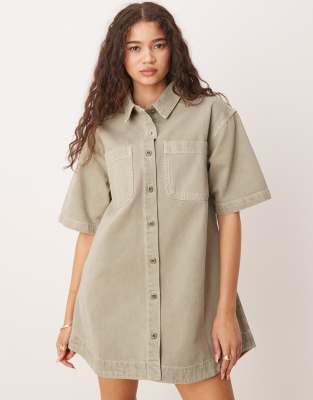 ASOS DESIGN - Kurzärmliges Denim-Minikleid in Khaki-Grün