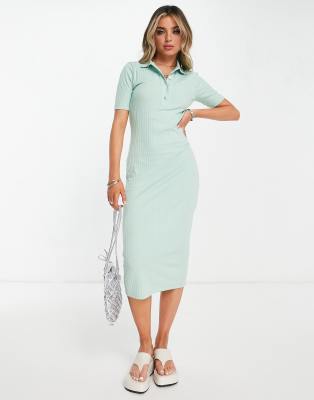 ASOS DESIGN – Kurzärmliges, geripptes Midi-Polokleid in Mint