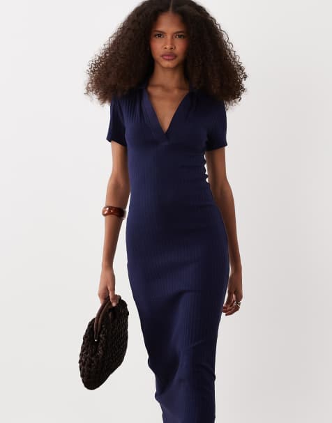 ASOS DESIGN – Kurzärmliges, geripptes Polo-Midikleid in Marineblau - view 1