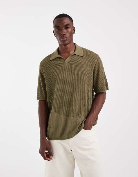 ASOS DESIGN – Kurzärmliges, gestricktes Netzstoff-Polohemd in Khaki mit eingekerbtem Ausschnitt und lockerem Schnitt - view 1