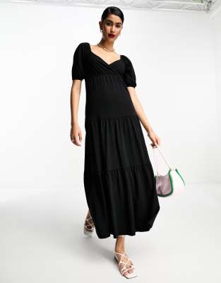 ASOS DESIGN - Kurzärmliges, gestuftes Midi-Wickelkleid in Schwarz
