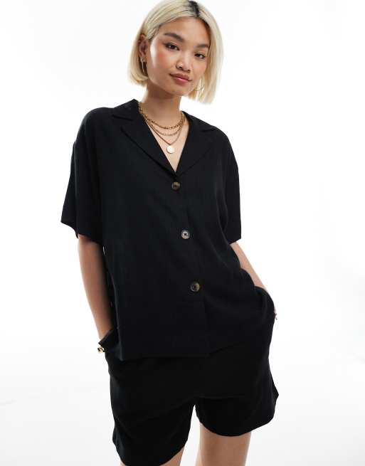 ASOS DESIGN – Kurzärmliges Hemd aus Leinenmix in Schwarz, 3 von 4