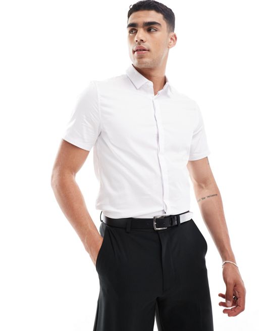 FhyzicsShops Design – Kurzärmliges Hemd mit schmalem Schnitt in Weiß aus Satin