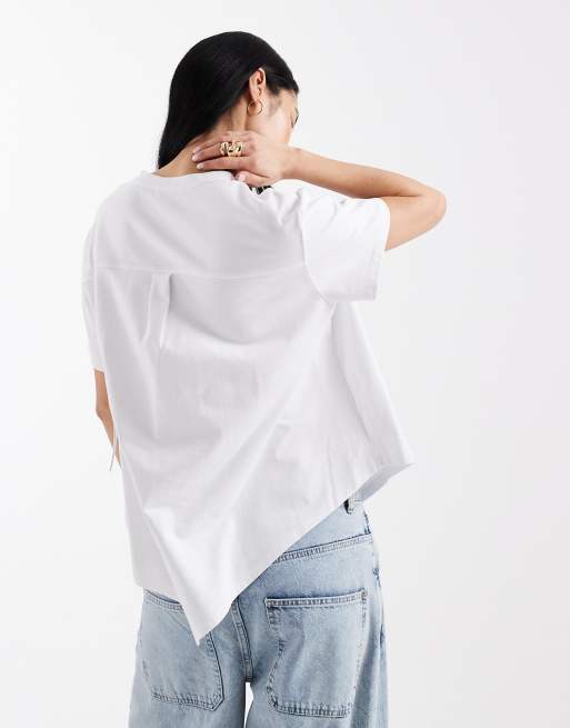 ASOS DESIGN – Kurzärmliges Hybrid-Oberteil aus Popeline in Weiß mit gerafftem Knebelverschluss, 4 von 4