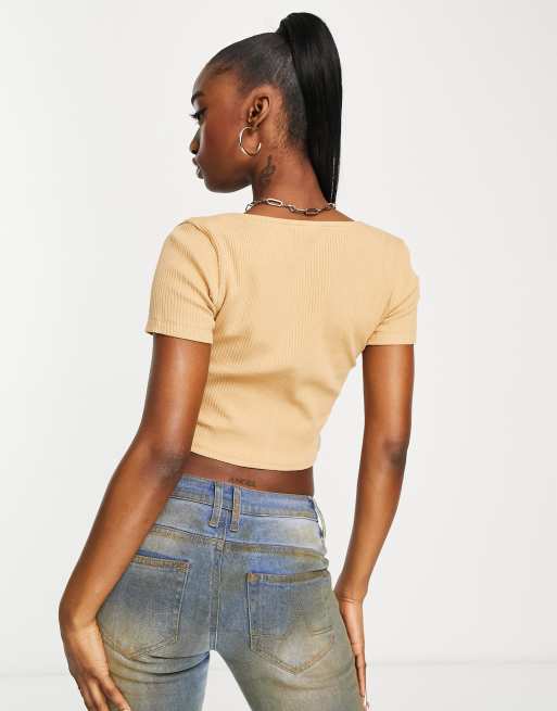 ASOS DESIGN – Kurzärmliges Korsett-Oberteil in Camel mit sehr breitem Ausschnitt, 2 von 4
