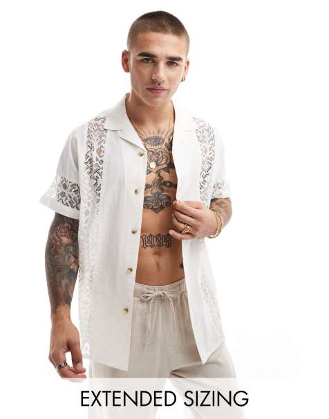 ASOS DESIGN – Kurzärmliges, legeres Hemd in Weiß mit Reverskragen und Spitzeneinsätzen - view 1