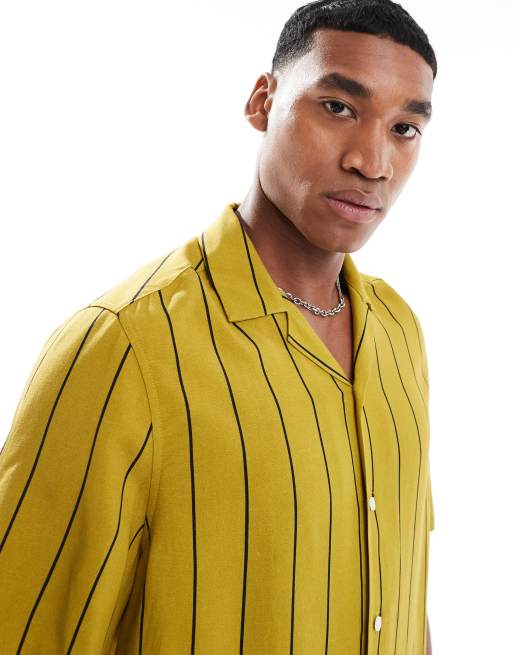 ASOS DESIGN – Kurzärmliges Leinenmix-Hemd in gestreiftem Grün mit lockerem, kastigem Schnitt