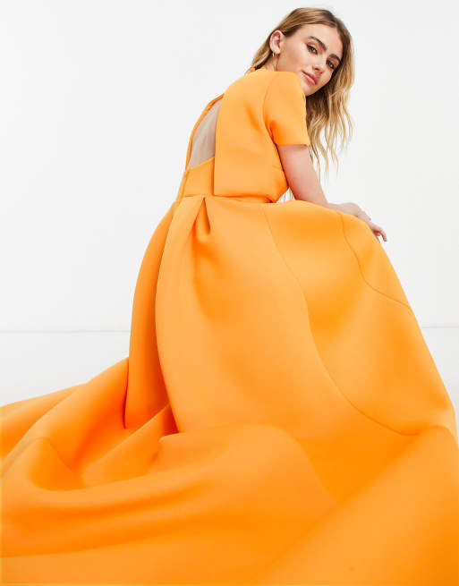 ASOS DESIGN Kurzarmliges Maxi Ballkleid in Orange mit Ruckenausschnitt ASOS