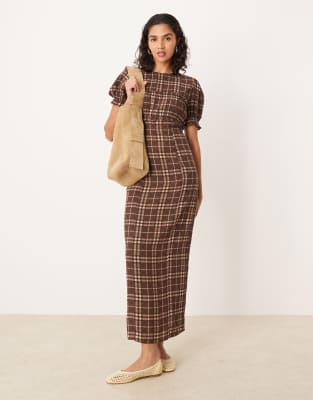 ASOS DESIGN - Kurzärmliges Maxikleid in Rostrot mit Vichy-Karos und geraffter Brustpartie-Bunt