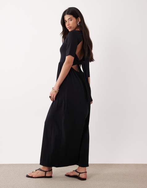 ASOS DESIGN – Kurzärmliges Midaxi-Kleid in Schwarz mit Bindedetail am Rücken - view 1