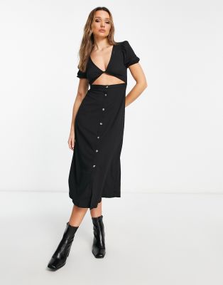 ASOS DESIGN - Kurzärmliges Midi-Freizeitkleid in Schwarz mit verdrehtem Design vorne und Knöpfen