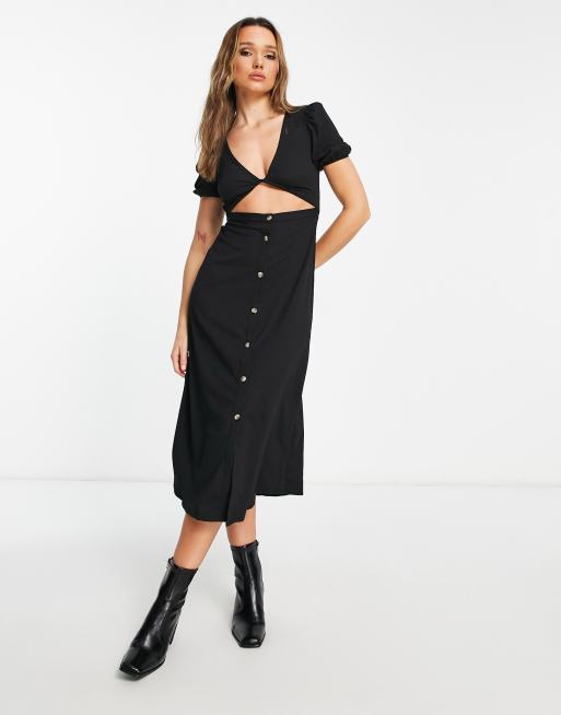 ASOS DESIGN – Kurzärmliges Midi-Freizeitkleid in Schwarz mit verdrehtem Design vorne und Knöpfen