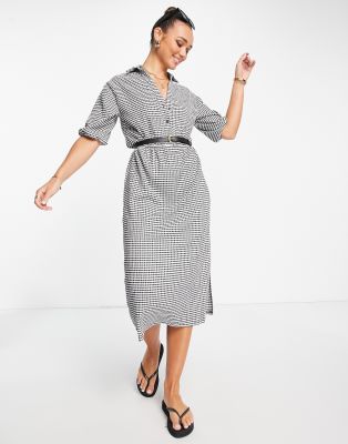 ASOS DESIGN - Kurzärmliges Midi-Hemdkleid mit Gürtel und schwarz-weißem Karomuster-Bunt