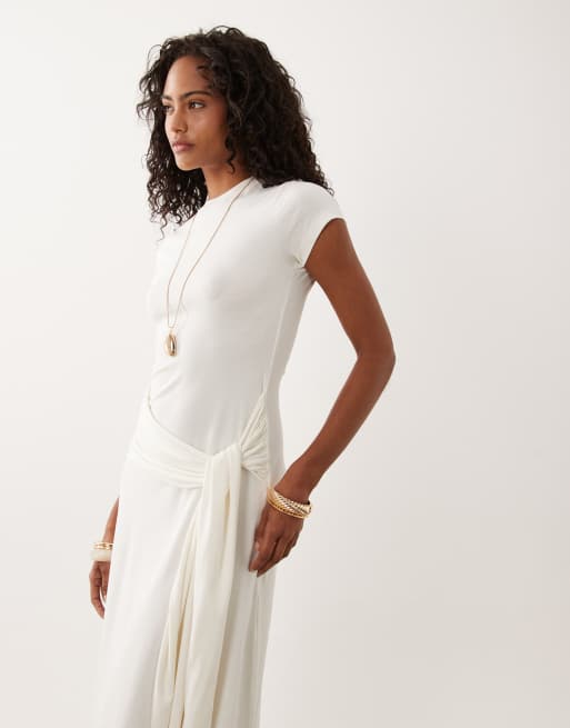 ASOS DESIGN – Kurzärmliges Midikleid in Cremeweiß mit Bindedetail an der Taille, 2 von 4