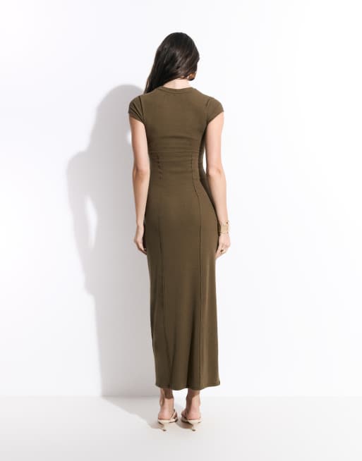 ASOS DESIGN – Kurzärmliges Midikleid in Khaki mit Ziernaht, 4 von 7