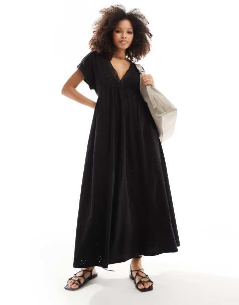 ASOS DESIGN – Kurzärmliges Midikleid in Schwarz mit Lochmuster und V-Ausschnitt - view 1