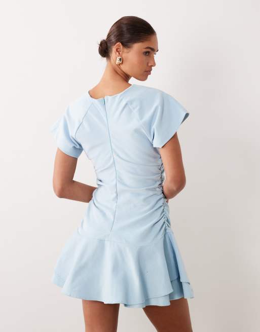 ASOS DESIGN – Kurzärmliges Minikleid aus Cord in Pastell mit gerafftem Bindedetail an der Taille, 4 von 4
