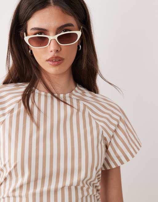 ASOS DESIGN – Kurzärmliges Minikleid aus Popeline in Hellbraun mit Streifen und gerafftem Bindedetail an der Taille, 3 von 4