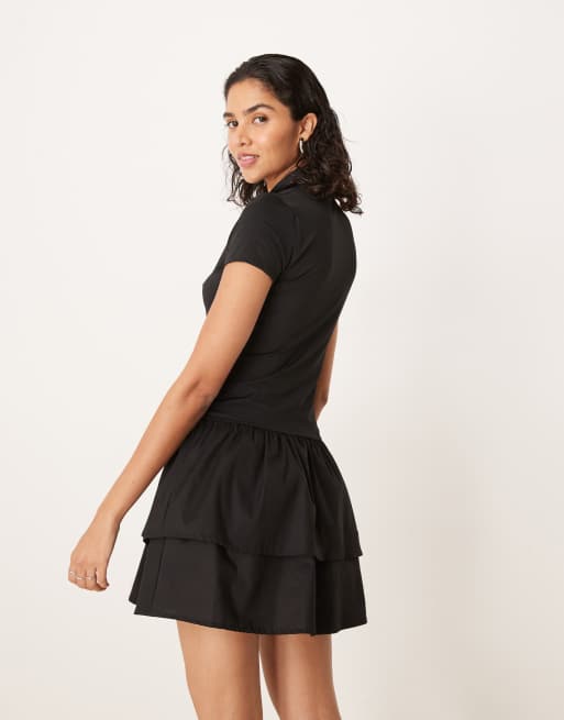ASOS DESIGN – Kurzärmliges Minikleid in Schwarz mit Polokragen und Rüschenrock, 4 von 4