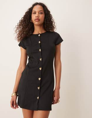 ASOS DESIGN - Kurzärmliges Minikleid in Schwarz mit Ziernaht und Knopfleiste