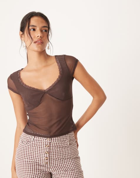 ASOS DESIGN – Kurzärmliges Netzstoff-Oberteil in Schokobraun mit Spitzenborte - view 1