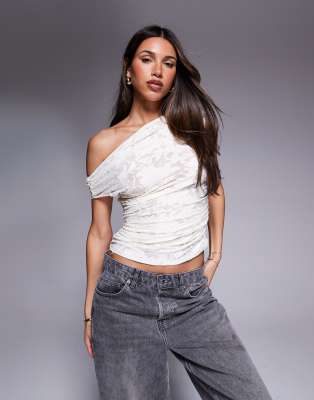 ASOS DESIGN - Kurzärmliges Oberteil aus Mesh in Cremeweiß mit Ausbrennerstruktur und Raffung-Neutral