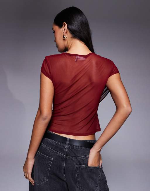 ASOS DESIGN – Kurzärmliges Oberteil aus Netzstoff in Burgunderrot mit drapierter Vorderpartie, 3 von 4