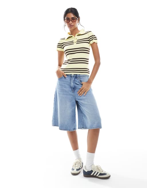 ASOS DESIGN – Kurzärmliges Oberteil im Rugby-Stil aus Feinstrick in Gelb gestreift, 4 von 4
