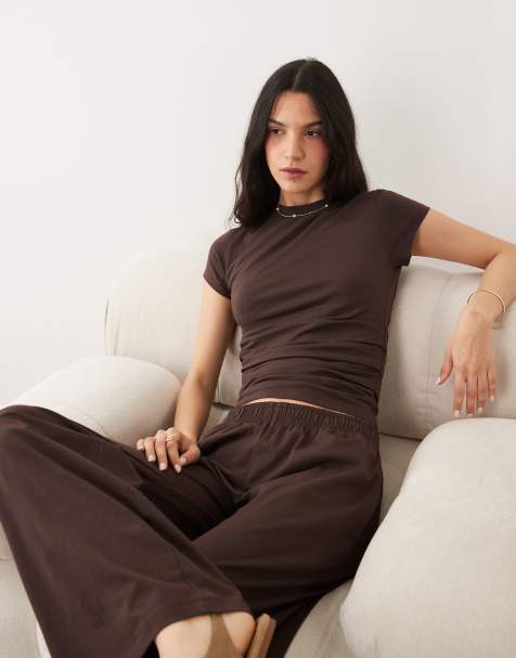 ASOS DESIGN – Kurzärmliges Oberteil in Schokobraun mit geraffter Taille, Kombiteil - view 1