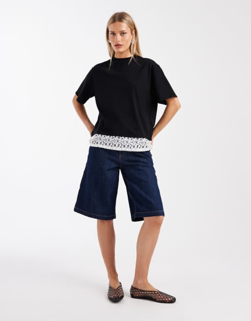 ASOS DESIGN – Kurzärmliges Oberteil in Schwarz mit Rückenausschnitt und Spitzenoberteil, 3 von 4