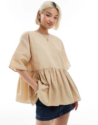 ASOS DESIGN - Kurzärmliges Oversize-Hängeroberteil aus Leinenmix in Steinbeige mit Schößchensaum-Neutral
