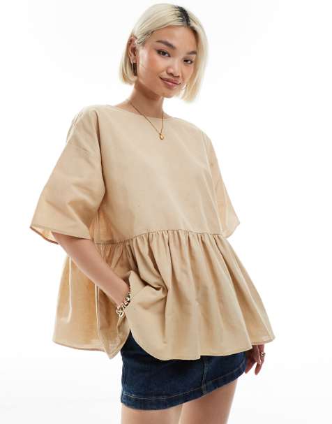 ASOS DESIGN – Kurzärmliges Oversize-Hängeroberteil aus Leinenmix in Steinbeige mit Schößchensaum - view 1