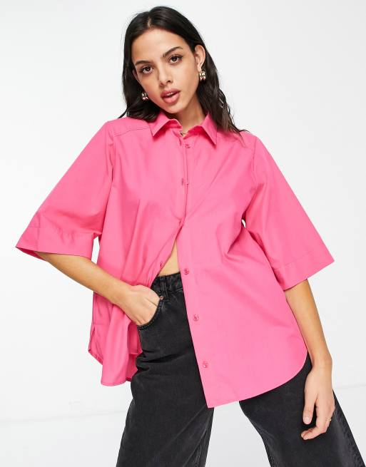 ASOS DESIGN – Kurzärmliges Oversize-Hemd in leuchtendem Rosa mit Schulterpolstern