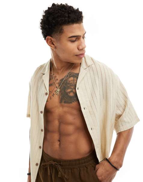 ASOS DESIGN – Kurzärmliges Oversize-Hemd in Steinbeige mit linearer Struktur und Reverskragen - view 1