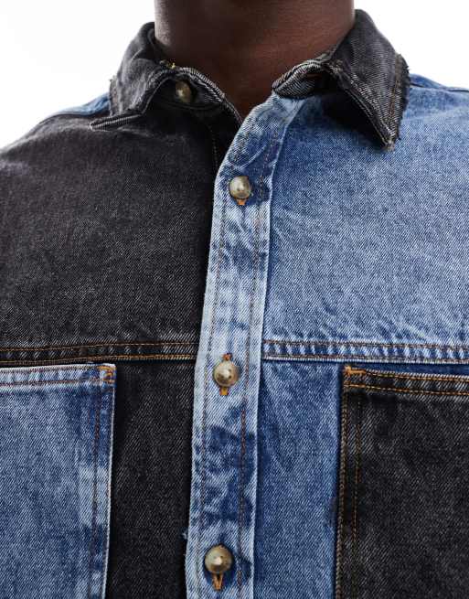 ASOS DESIGN – Kurzärmliges Oversize-Jeanshemd mit Farbblockdesign in verwaschenem Blau und Schwarz, 2 von 4