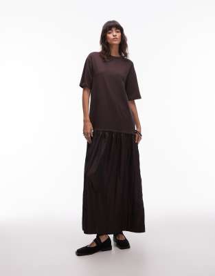 ASOS DESIGN - Kurzärmliges Oversize-Maxikleid in Schokobraun mit tiefer Taille-Brown