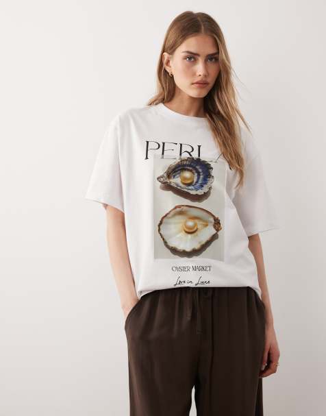 ASOS DESIGN – Kurzärmliges Oversize-Oberteil in Weiß mit Auster-Grafikprint - view 1