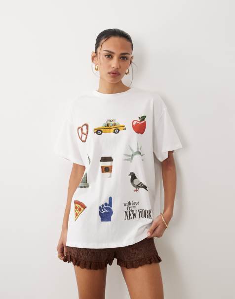 ASOS DESIGN – Kurzärmliges Oversize-Oberteil in Weiß mit „New York“-Print - view 1