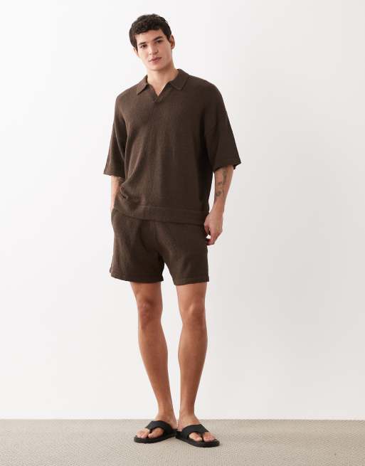 ASOS DESIGN – Kurzärmliges Oversize-Polohemd aus Bouclé-Strick in Braun mit eingekerbtem Ausschnitt, Kombiteil, 3 von 5